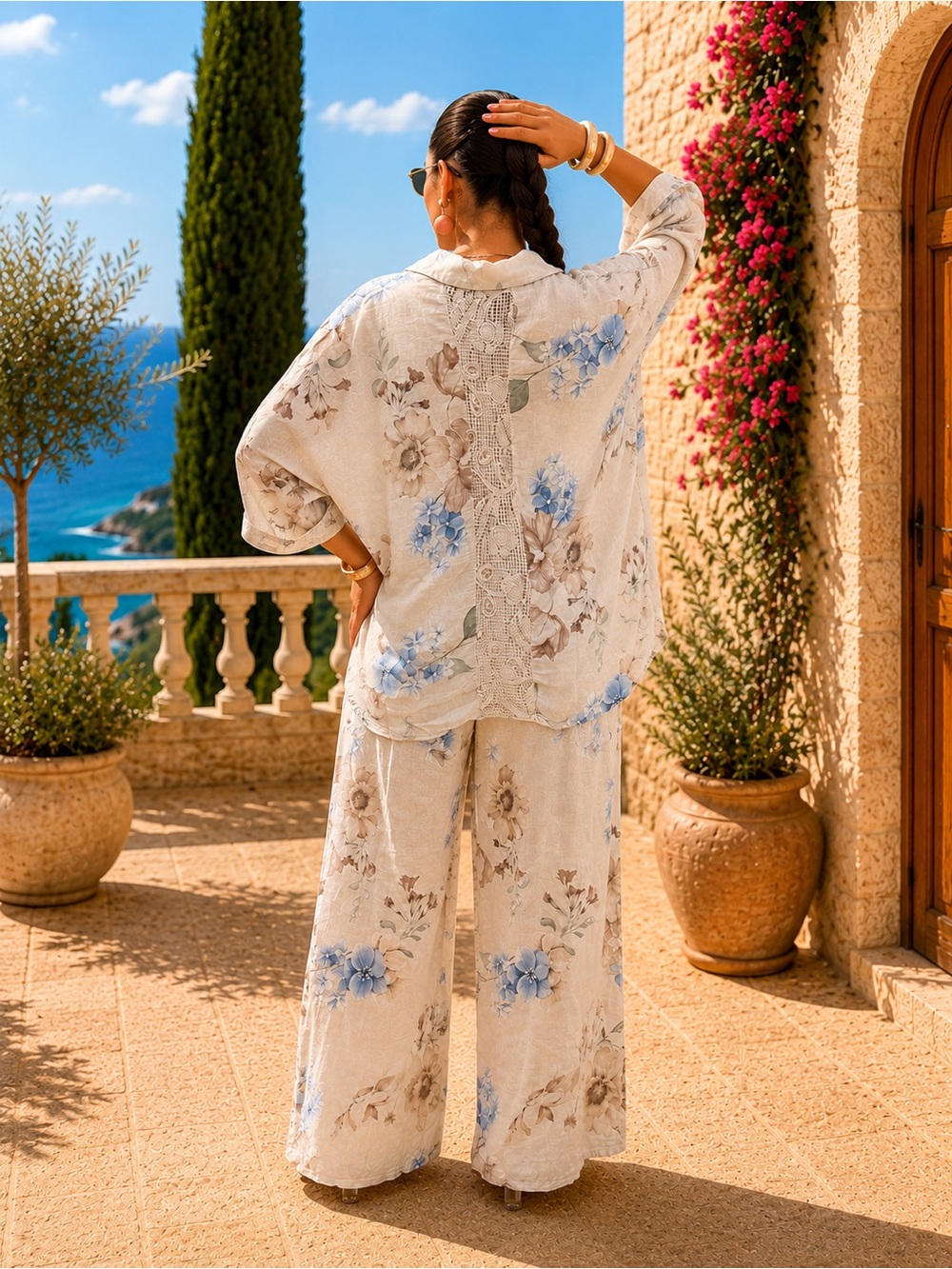 MADE IN ITALY Floral Linen-Blend Wide-Leg Pants - Cream/Blue - Picture 2 of 2